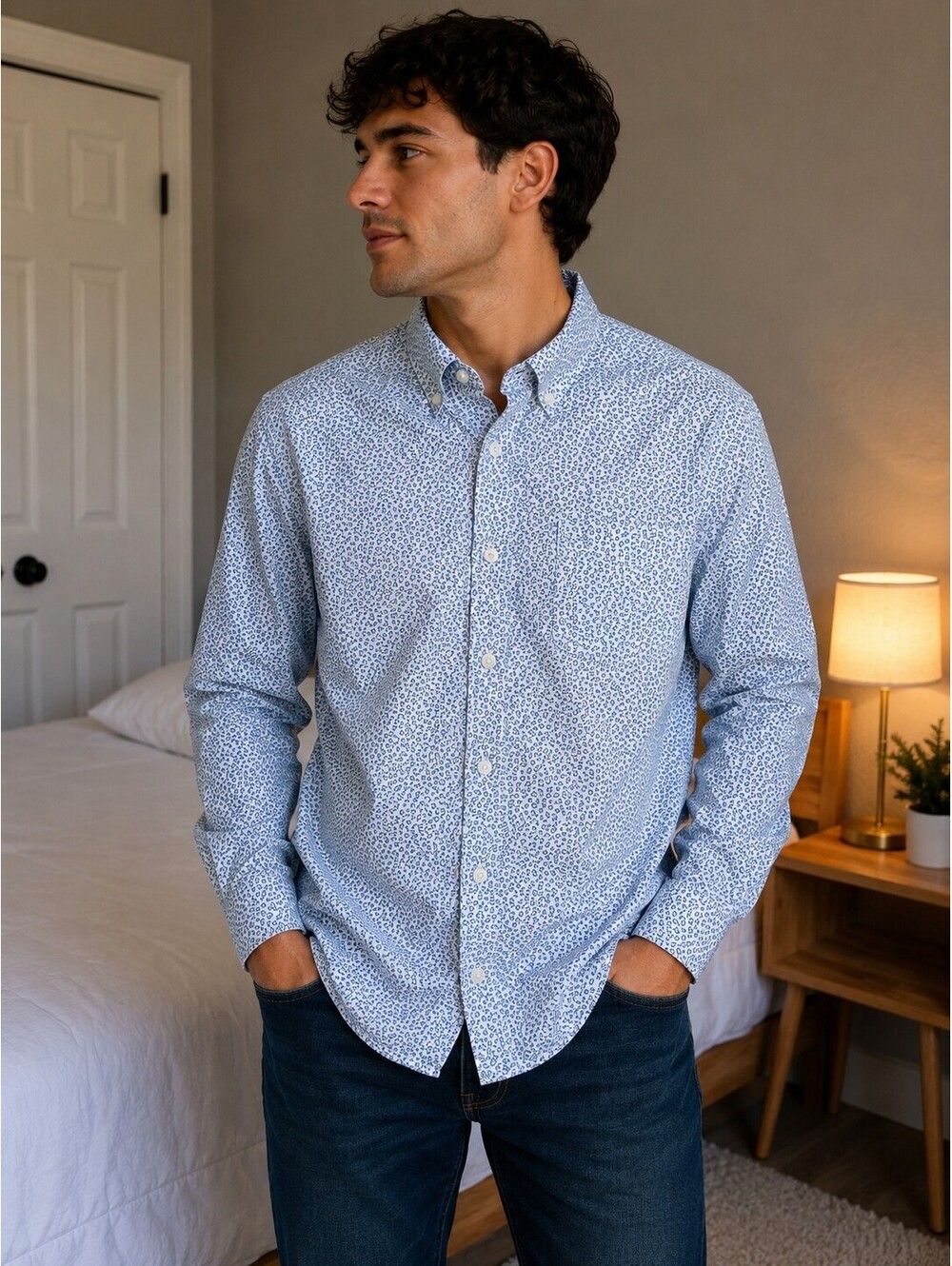 Express Men's Slim Fit Soft Wash Button-Down Shirt, Size Large, Blue Patterned